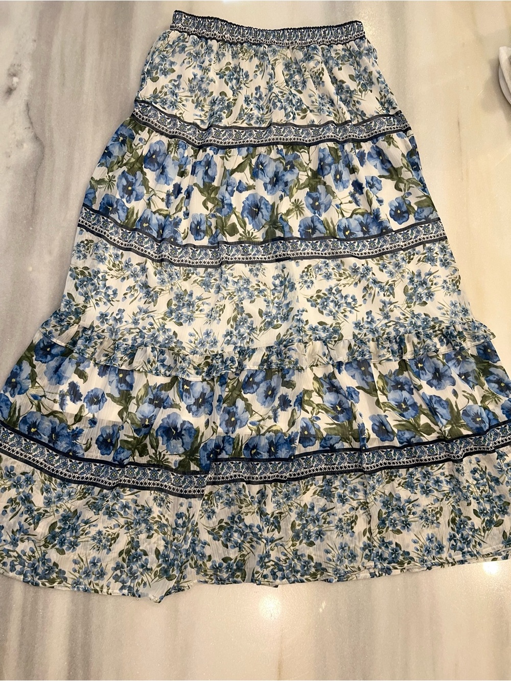 Moon River Blue and White Floral Tiered Maxi Skirt